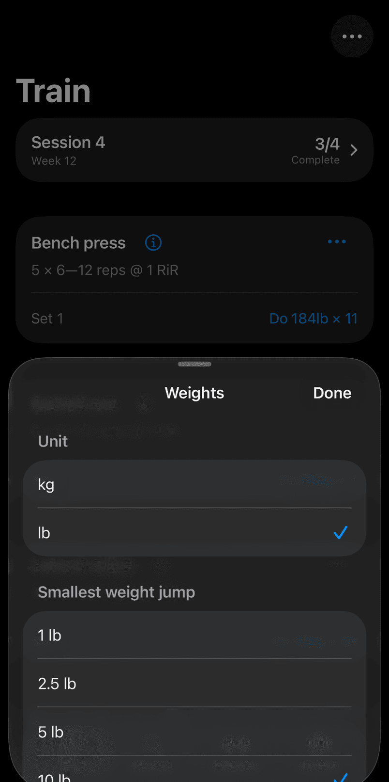 The weights sheet, setting a lift to pounds and a ten-pound jump