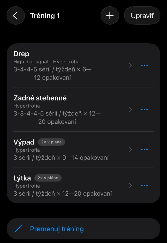Editor plánu s otvorenými cvikmi a rozsahmi opakovaní