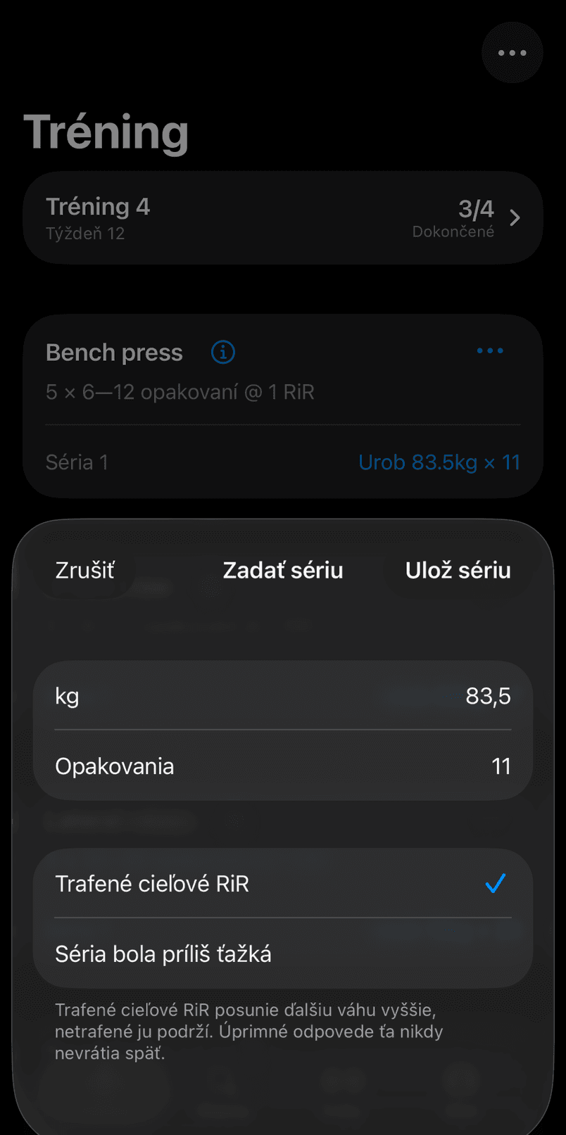 Panel na zápis série s váhou, opakovaniami a dvoma odpoveďami na námahu
